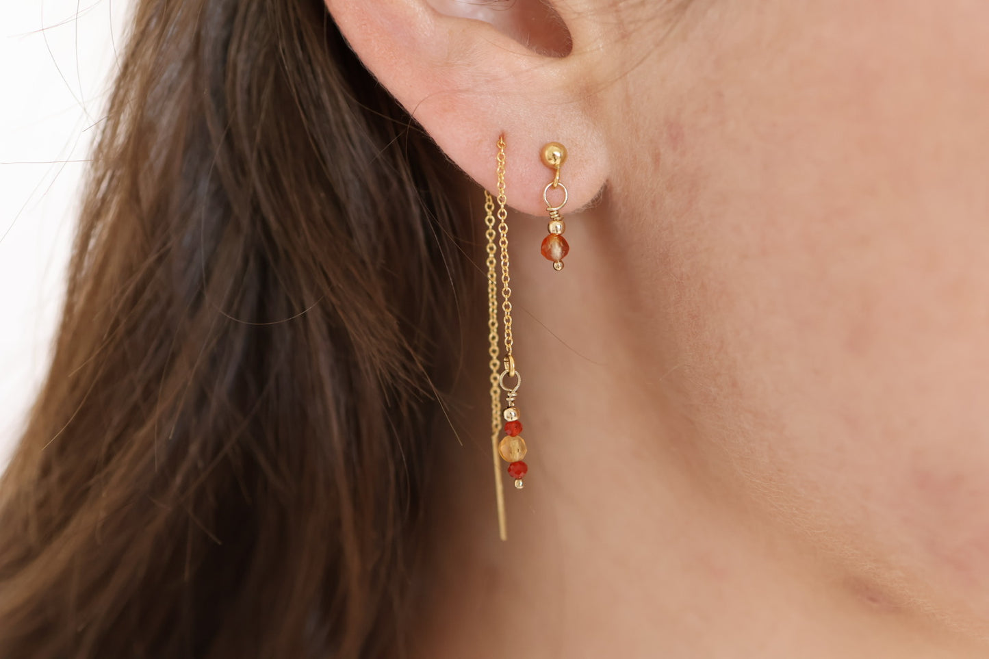 Boucles d'oreilles chainettes en cornaline et gold filled